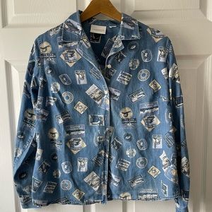 Liz Claiborne Chambray Travel Print Button-Down Shirt size 8